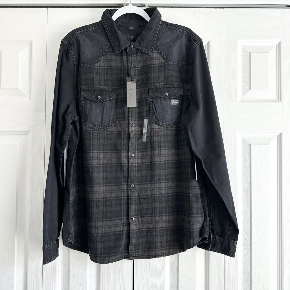 NEW Buffalo David Bitton Western Shirt Mens L Black Gray Plaid Denim Snap Button